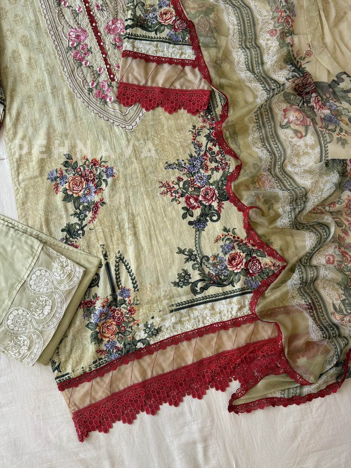 Cotton Lace Detail Suit Set-1488 - Pehnava Lawns