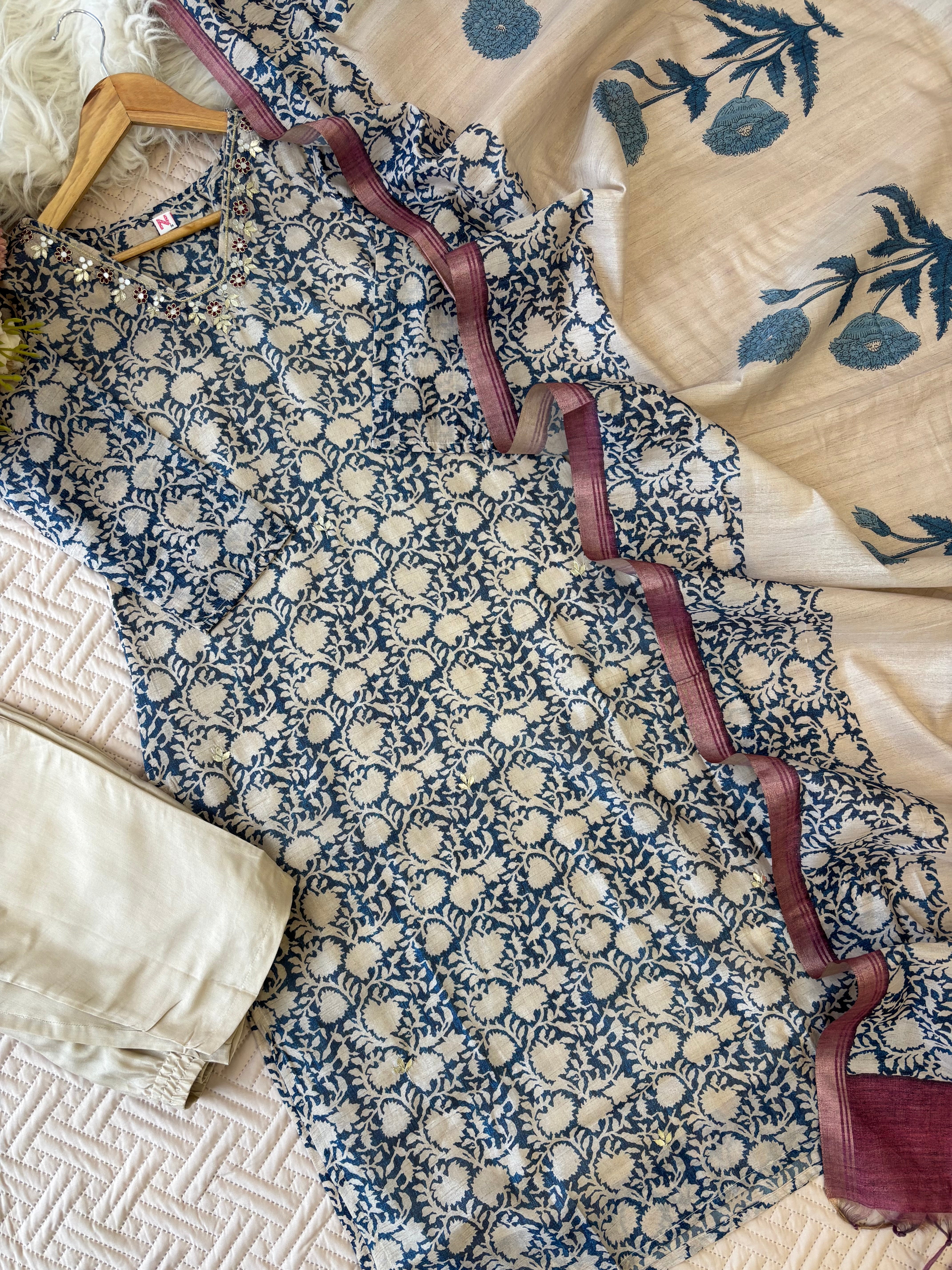 Chandheri- Silk Floral 3 Piece Suit- Blue N White