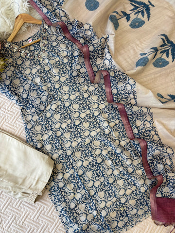 Chandheri- Silk Floral 3 Piece Suit- Blue N White