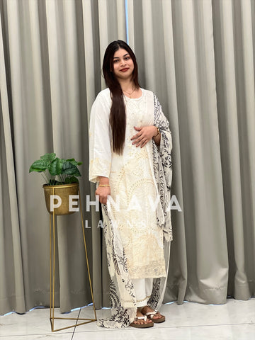 White Semi-stitched Embroidered Rayon Suit 1455