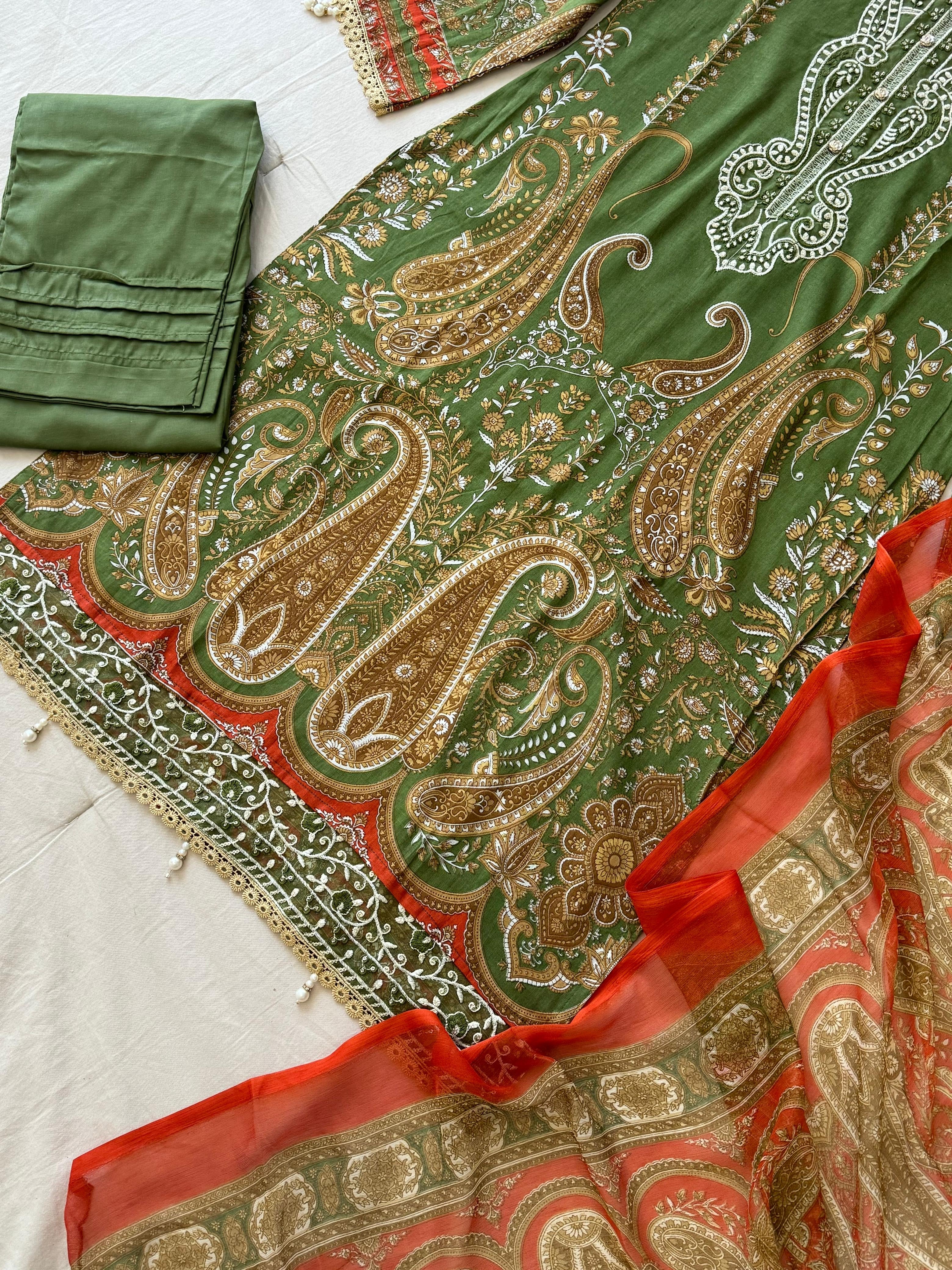 Green Printed Pakistani Cotton Suit with Chiffon Dupatta 1350