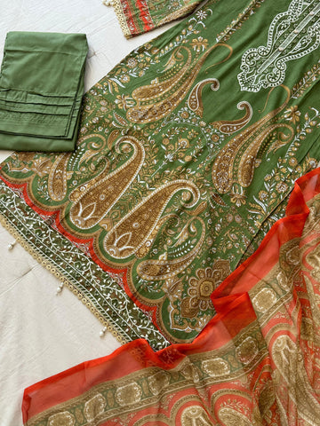 Green Printed Pakistani Cotton Suit with Chiffon Dupatta 1350