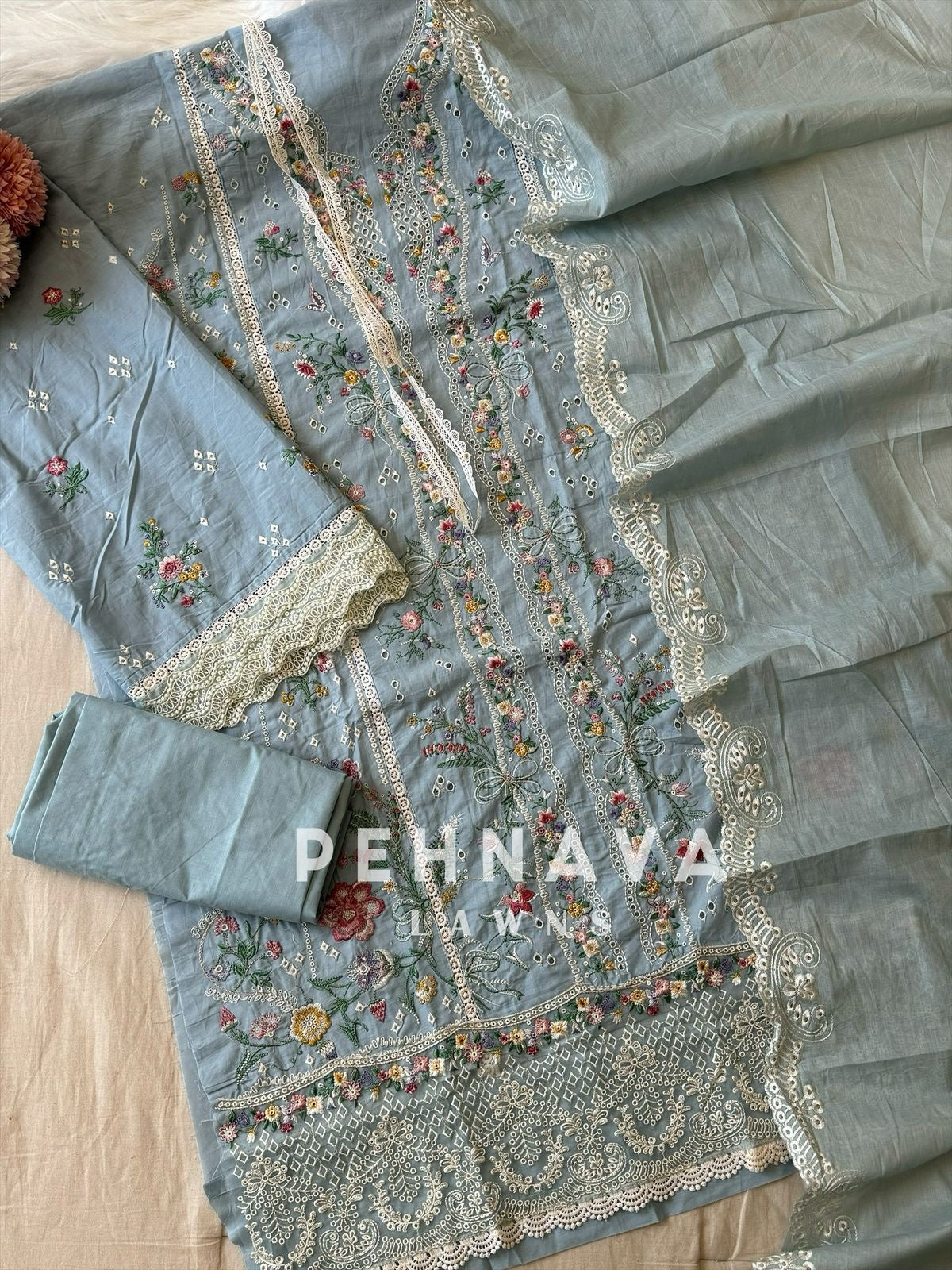 Blue Cotton Embroidered Suit 9016