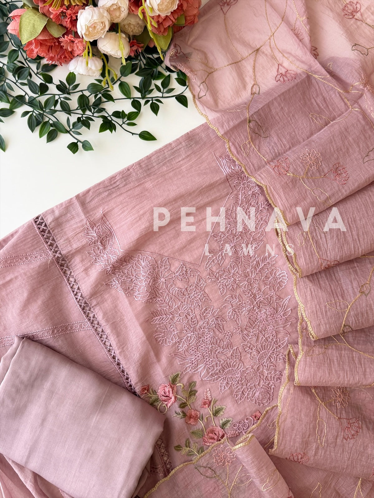 Chanderi Floral Embroidered Unstitched Suit