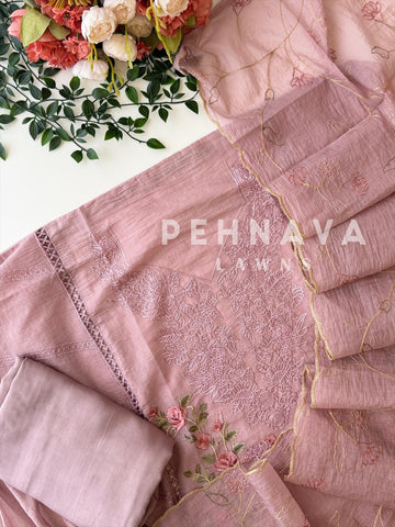 Chanderi Floral Embroidered Unstitched Suit