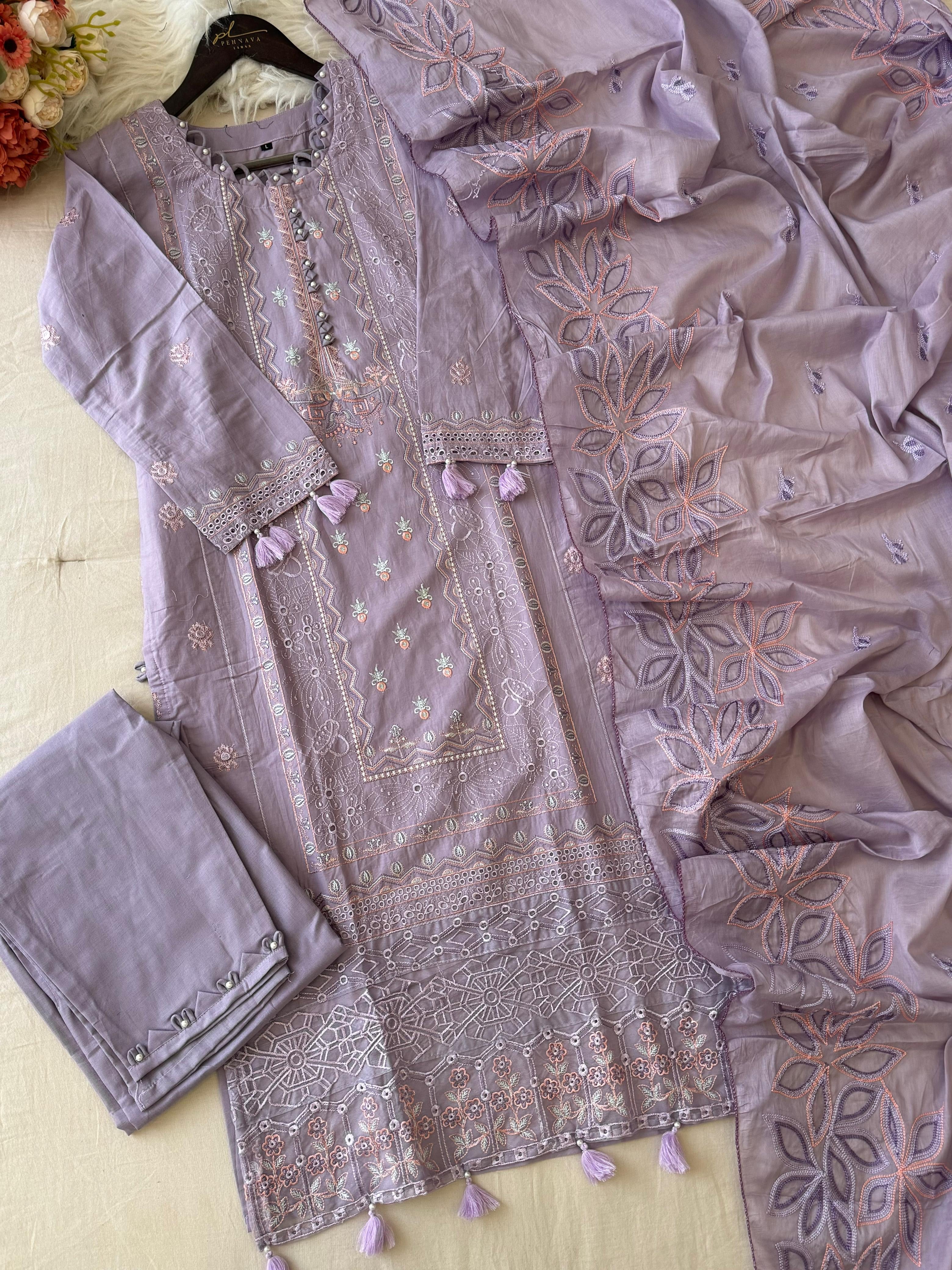 Premium Embroidered Pak-Suit Ft. Cotton Dupatta-Lavendar 3982 - Pehnava Lawns