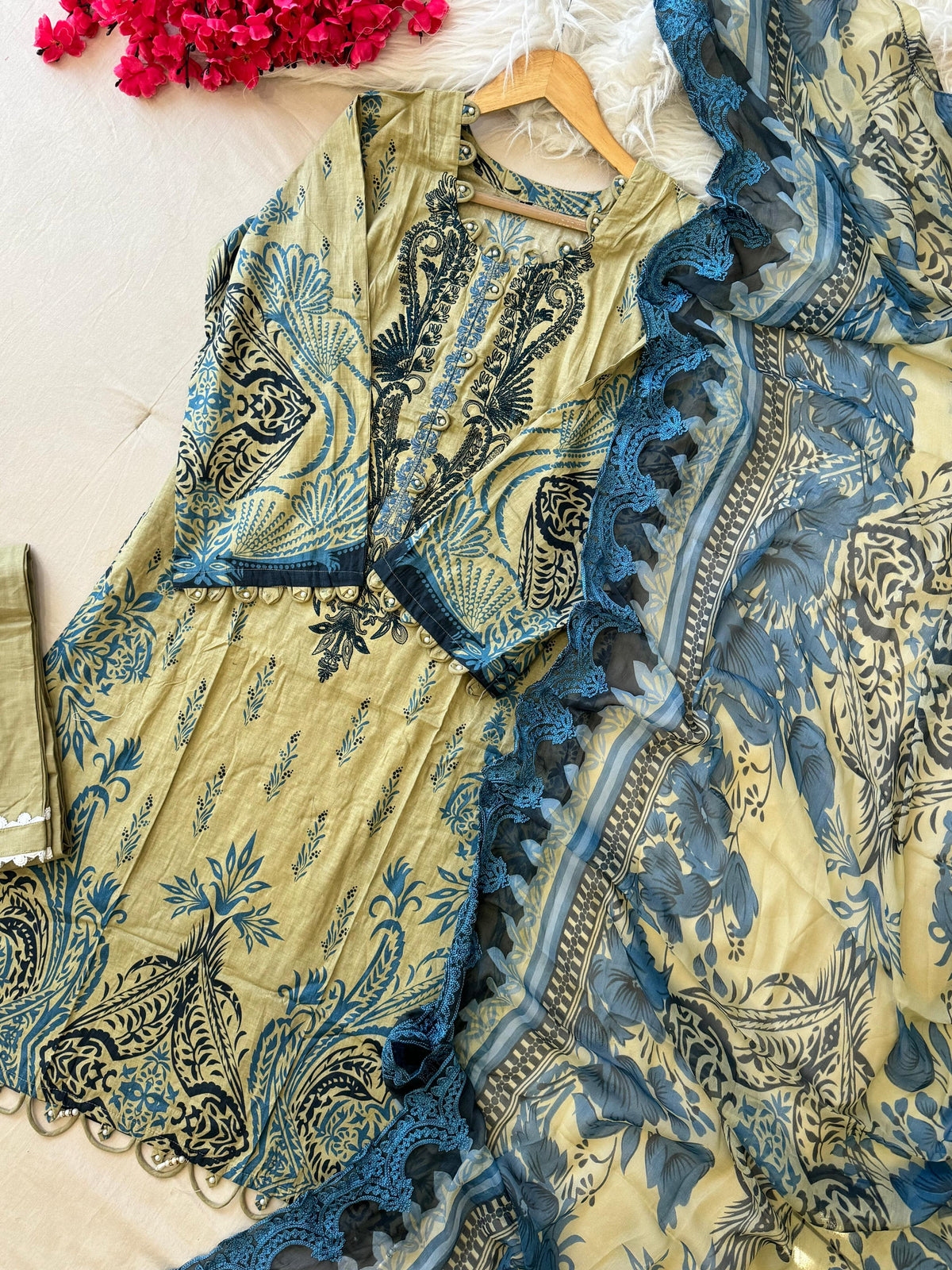 Yellow Block Printed Pakistani Suit