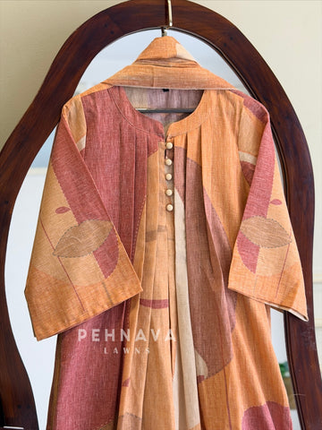 Pleated Yoke Printed Three Piece Set 2817