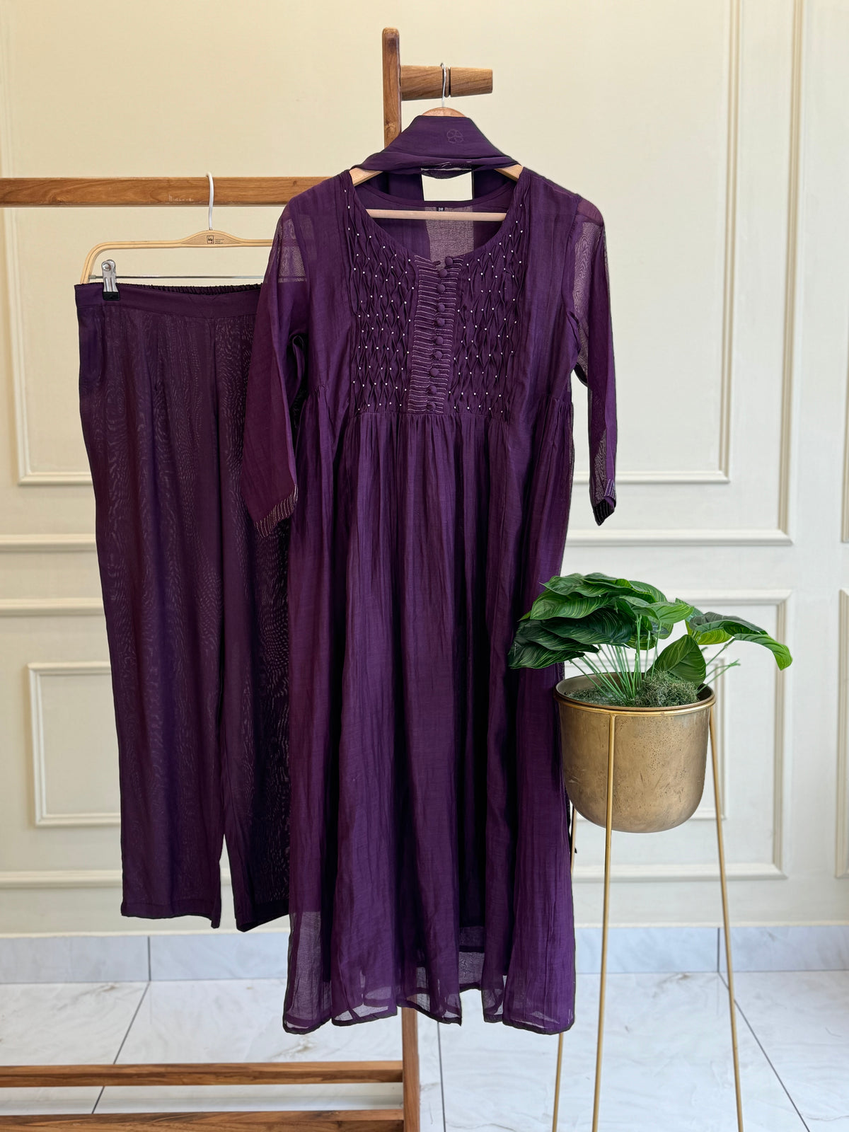 Premium mul chandheri handworked anarkali suit -dark vine 4425