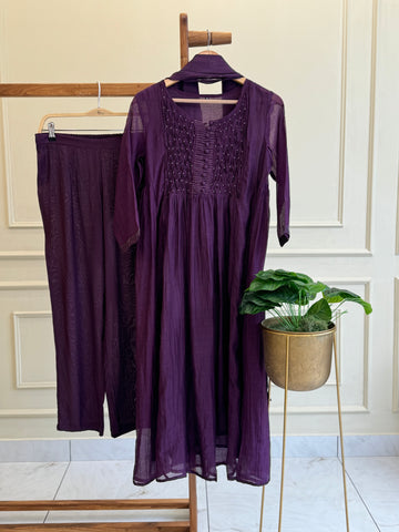 Premium mul chandheri handworked anarkali suit -dark vine 4425