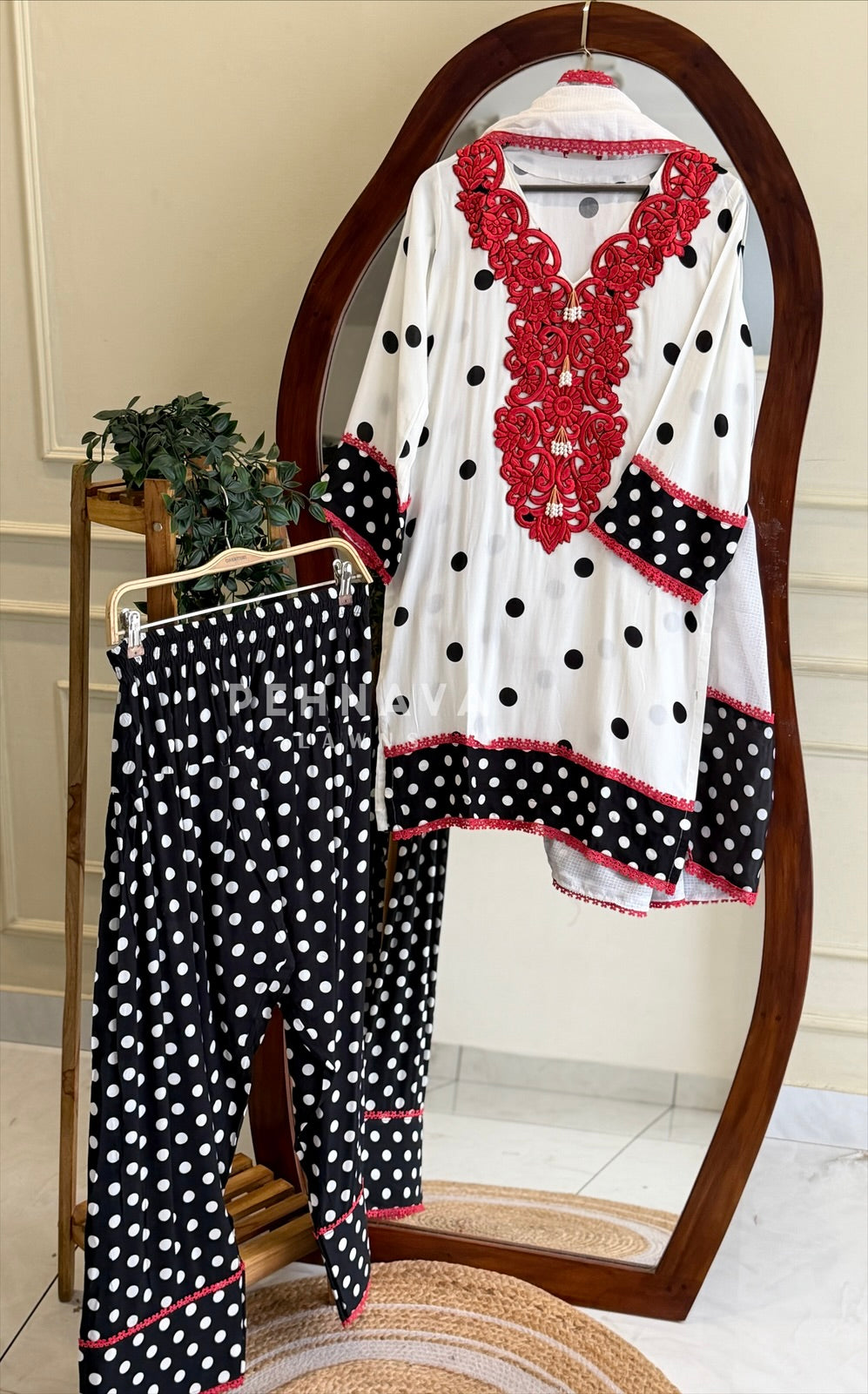 Polka Dot Neck Embellished Farshi Shalwar Set LRC 385