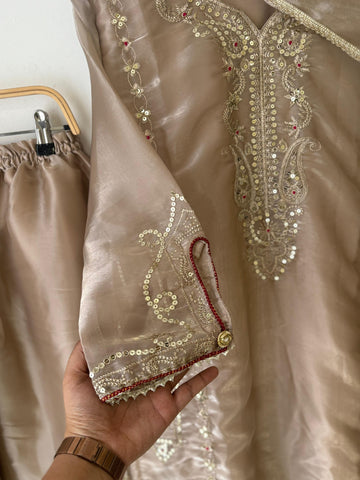 Beige Shimmer Party wear with Organza Dupatta - Pehnava Lawns