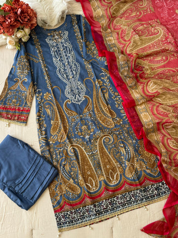 Blue Printed Pakistani Cotton Suit with Chiffon Dupatta 1350