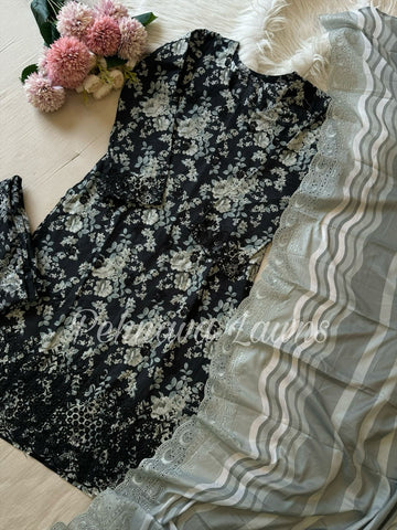 Black Cotton Embroidered Suit with cutwork Embroidered Dupatta-9061