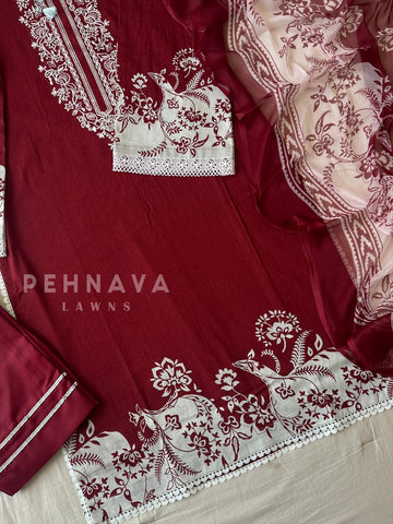 Red Neckline Embroidered Paksuit-1356A