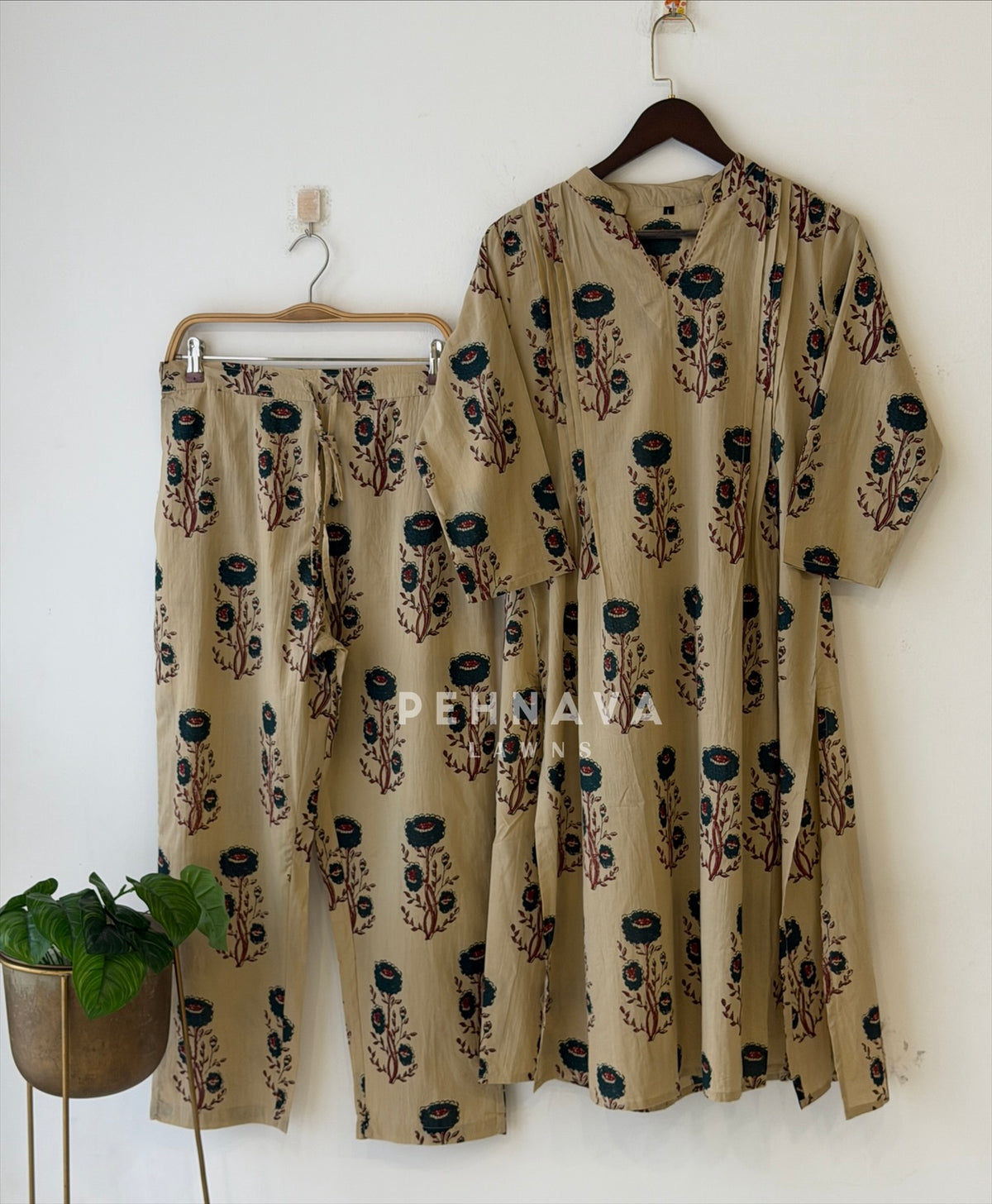 Pleated Yoke Floral Printed Two Piece Set 3089