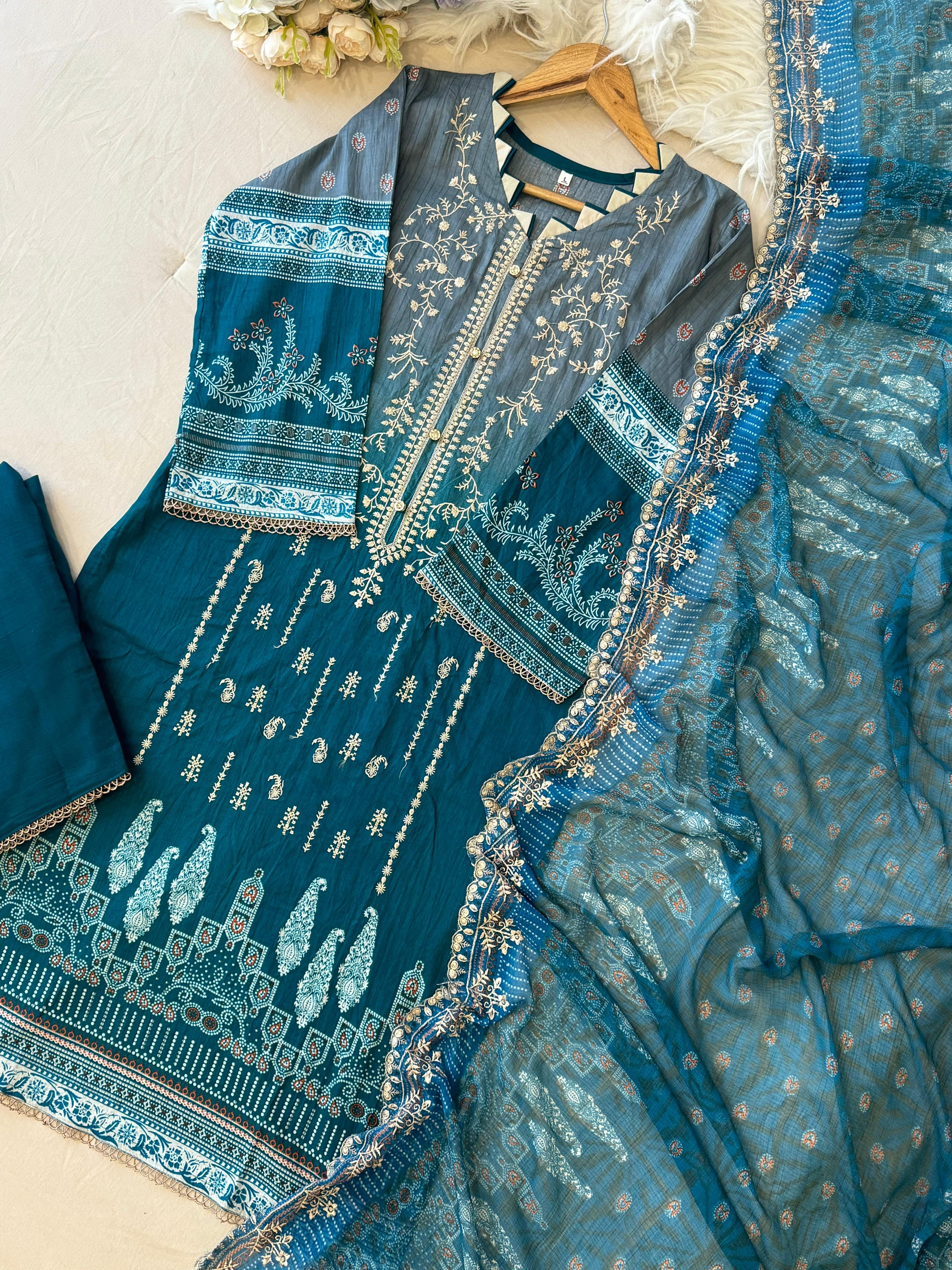 Teal Mirage Embroidered Suit Set