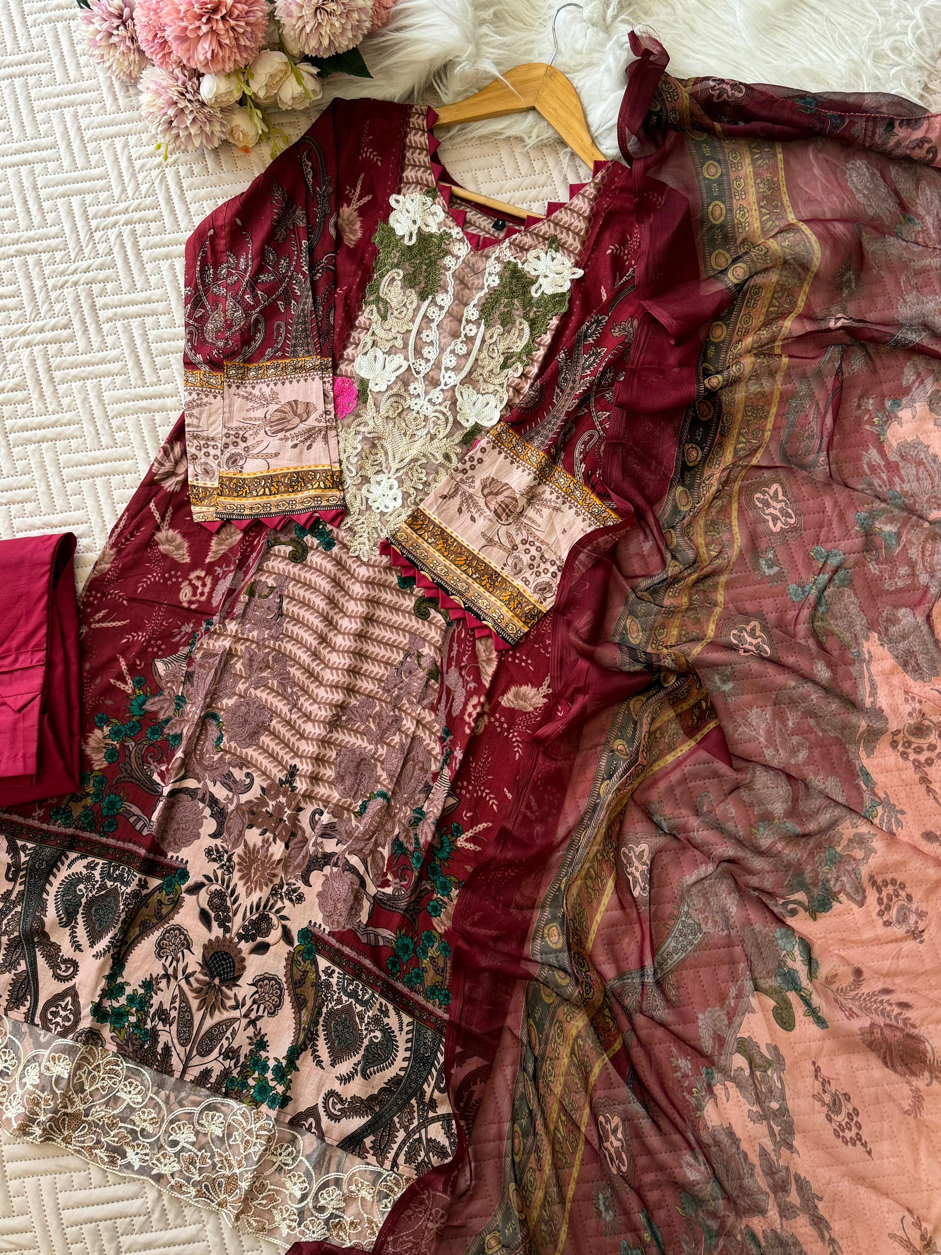Maroon Embroidered Floral Salwar-1099