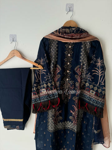 Embroidered cotton suit with chiffon dupatta -3374 peacock blue