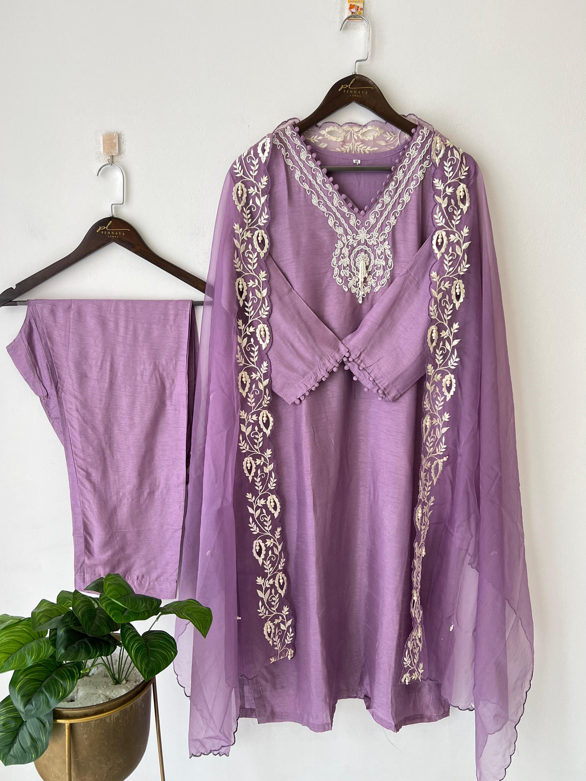 Dola silk ready to wear suit with neck detailing-color options available - Pehnava Lawns