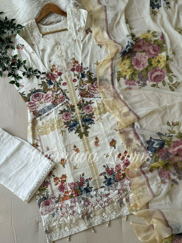 White Floral Suit Featuring Chiffon Shawl