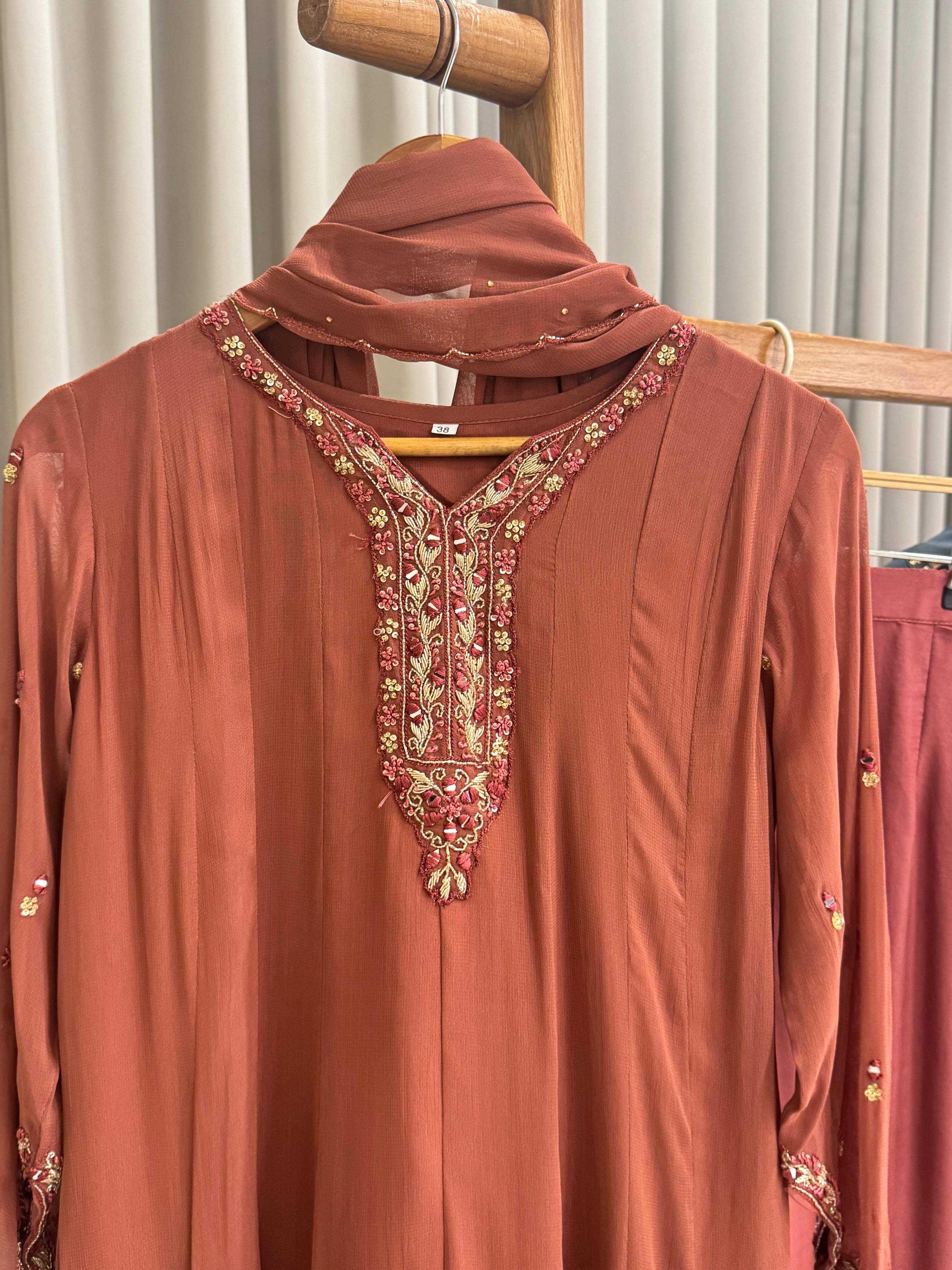 Full-flaired front slitted Gown with hand and Neck detailings