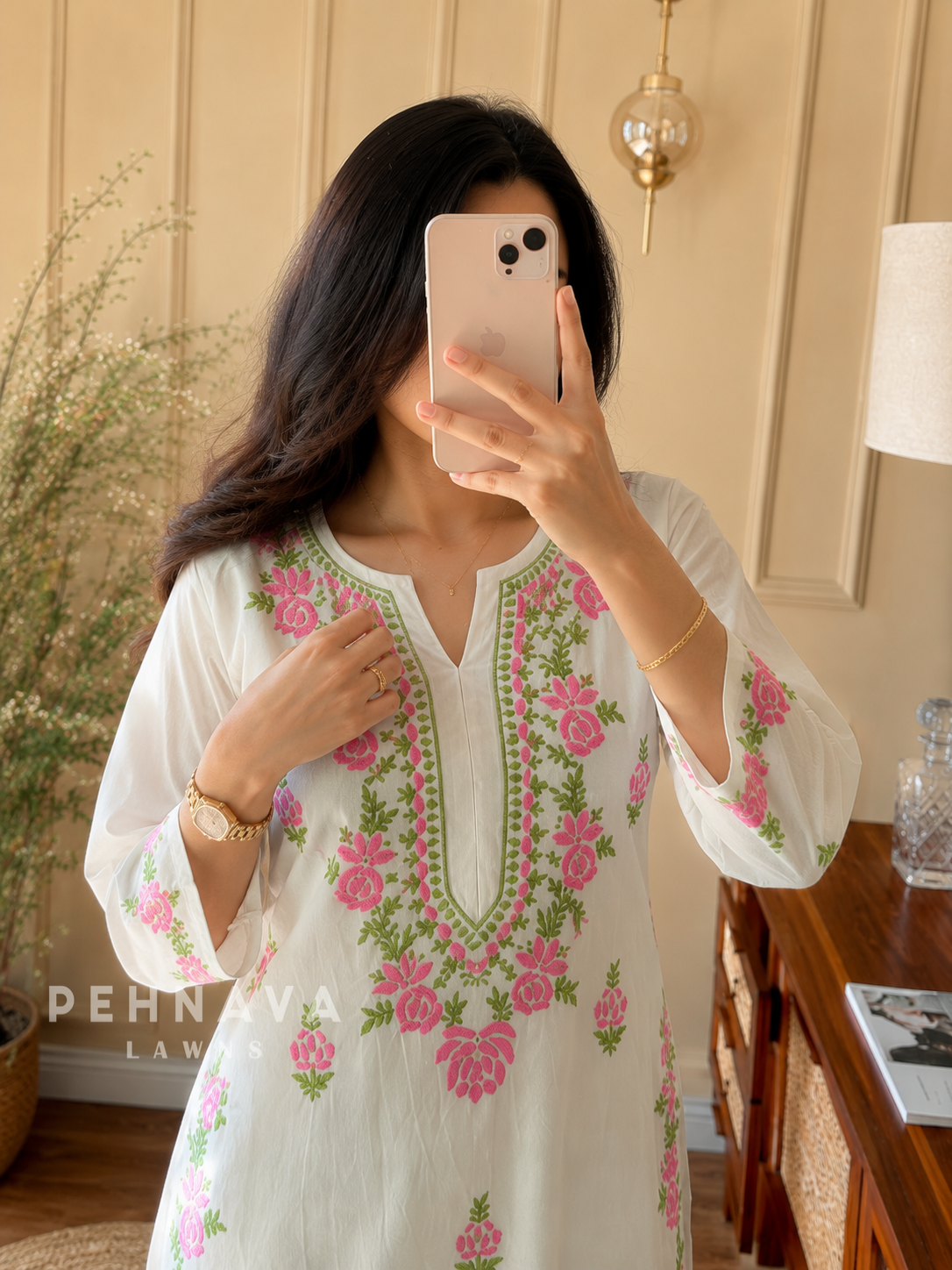 White & Pink Chikankari Rayon Kurta Set