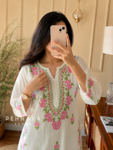 White & Pink Chikankari Rayon Kurta Set
