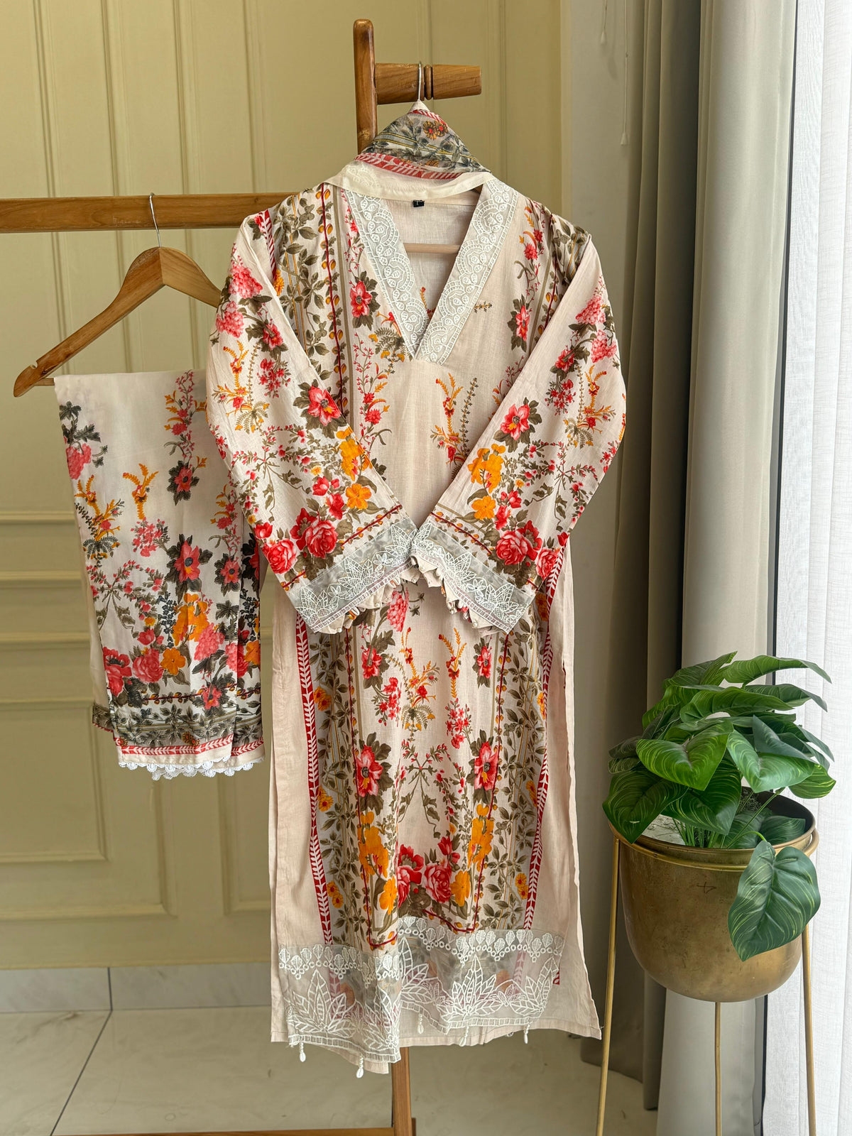Cream Vibrant Floral Suit-2008