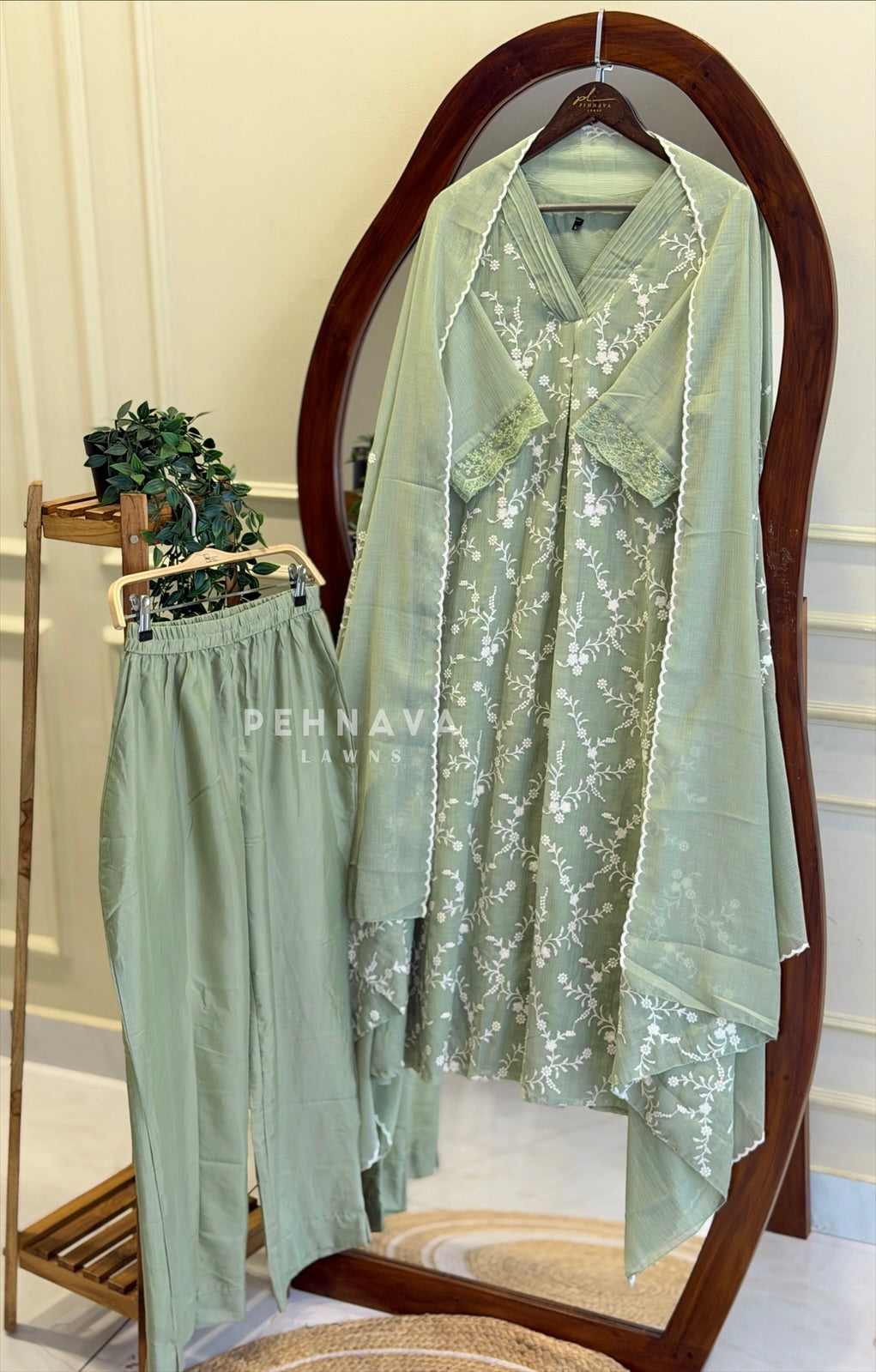 Pleated Yoke Floral Embroidered Suit