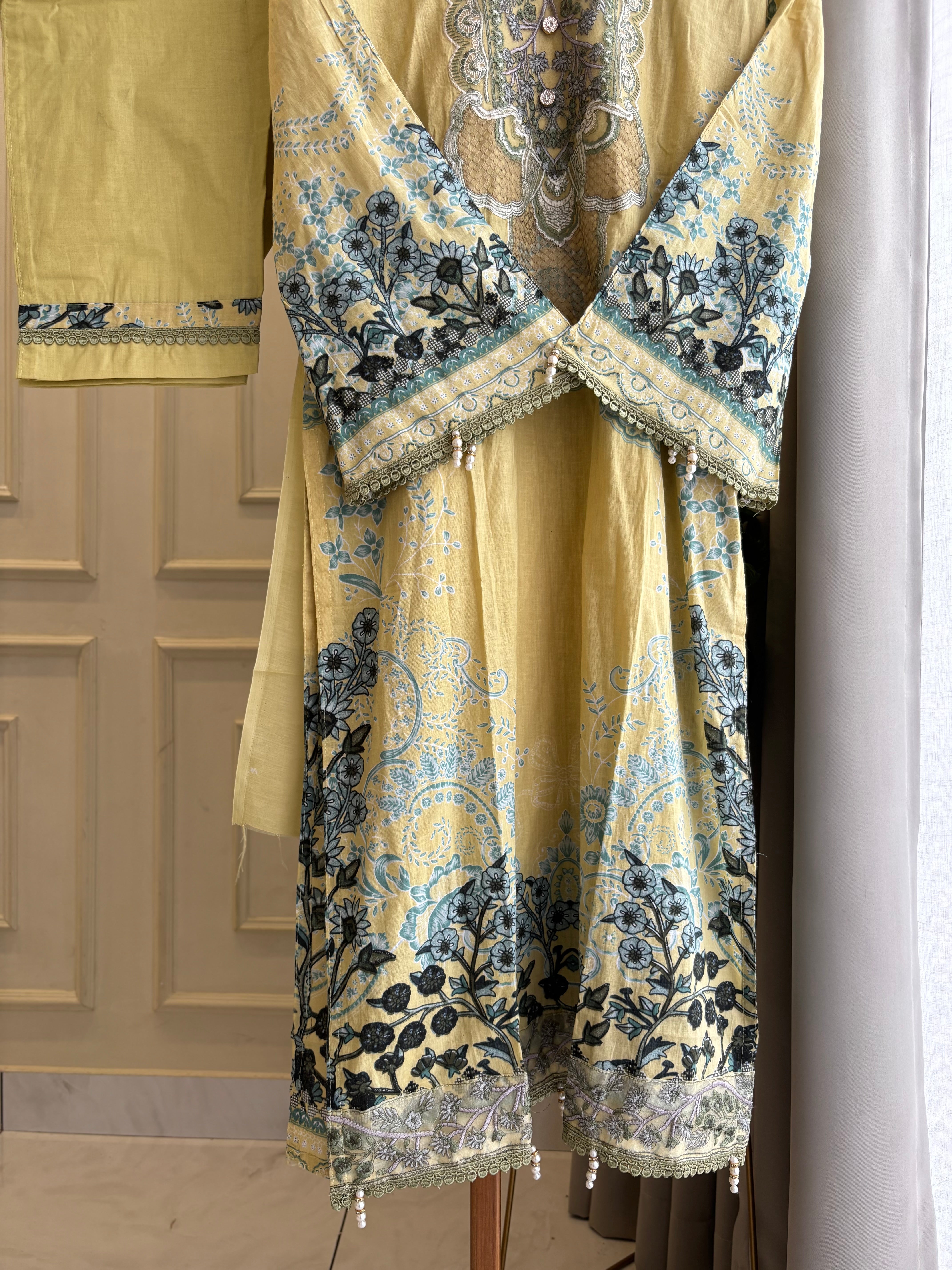 Yellow Embellished Floral Suit
