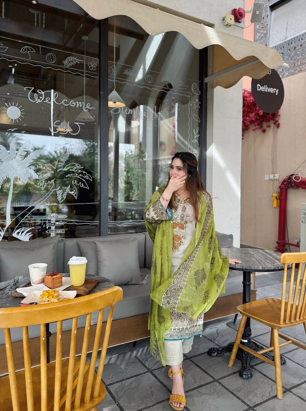 Green Cotton Suit With Chiffon Dupatta