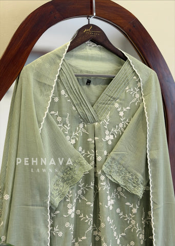 Pleated Yoke Floral Embroidered Suit
