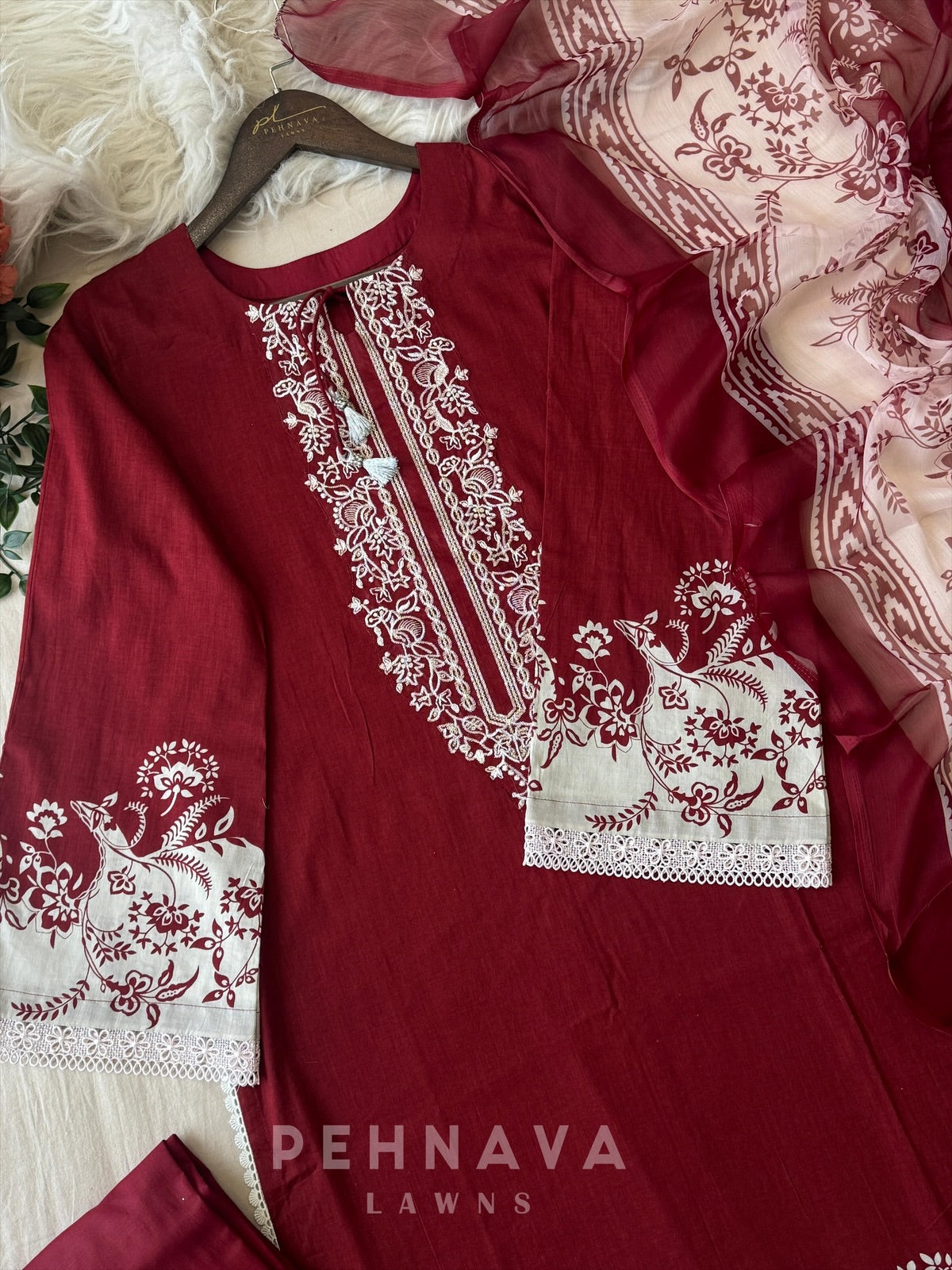 Red Neckline Embroidered Paksuit-1356A