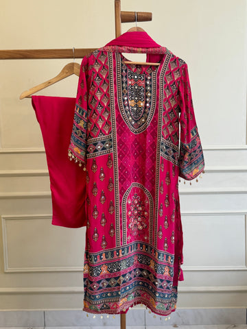 Pure crepe pakistani printed suit-hot pink