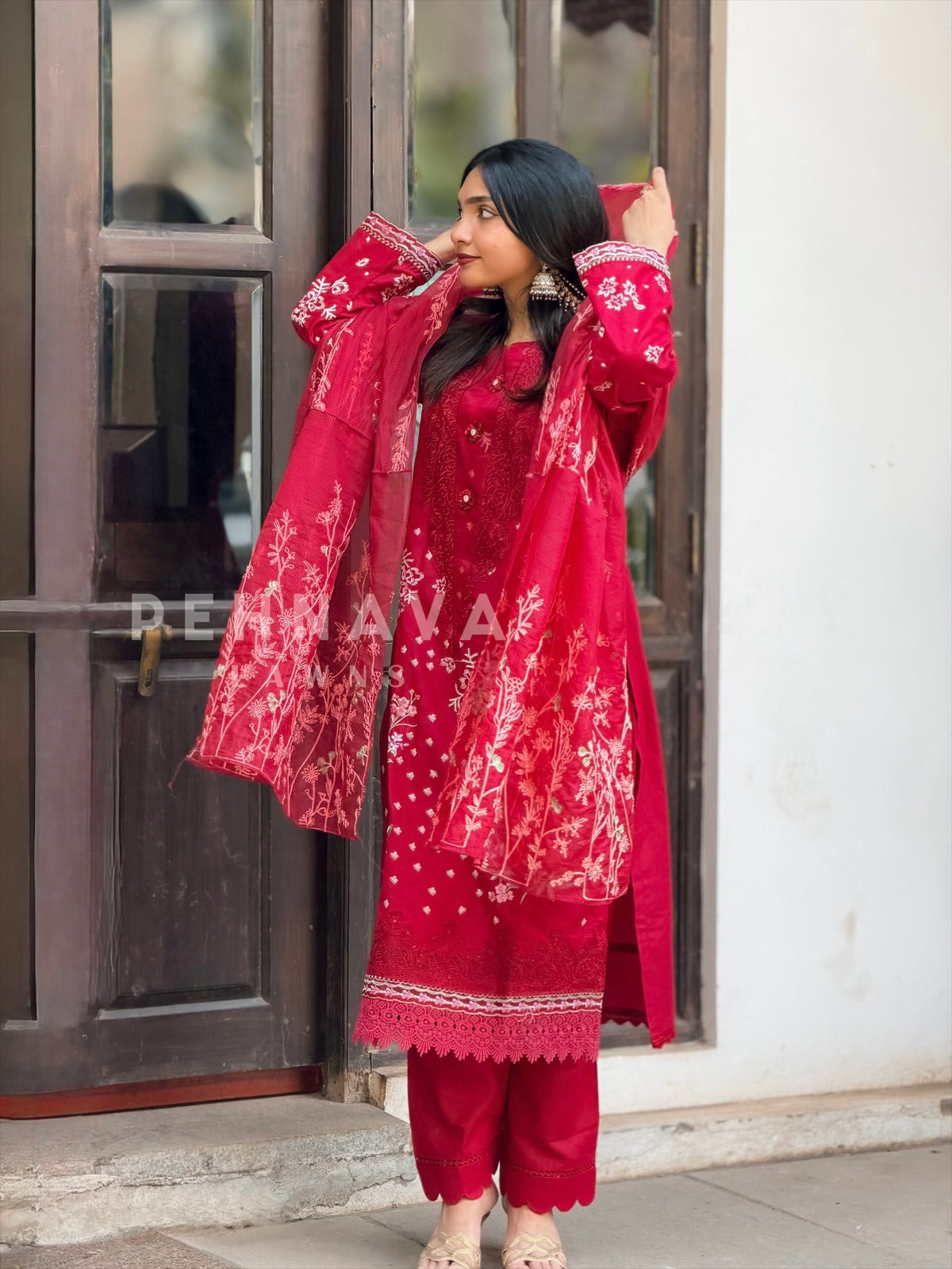 Semi stitched red suit set-186 - Pehnava Lawns