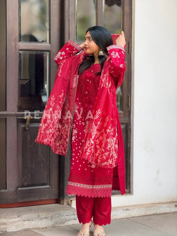 Semi stitched red suit set-186 - Pehnava Lawns
