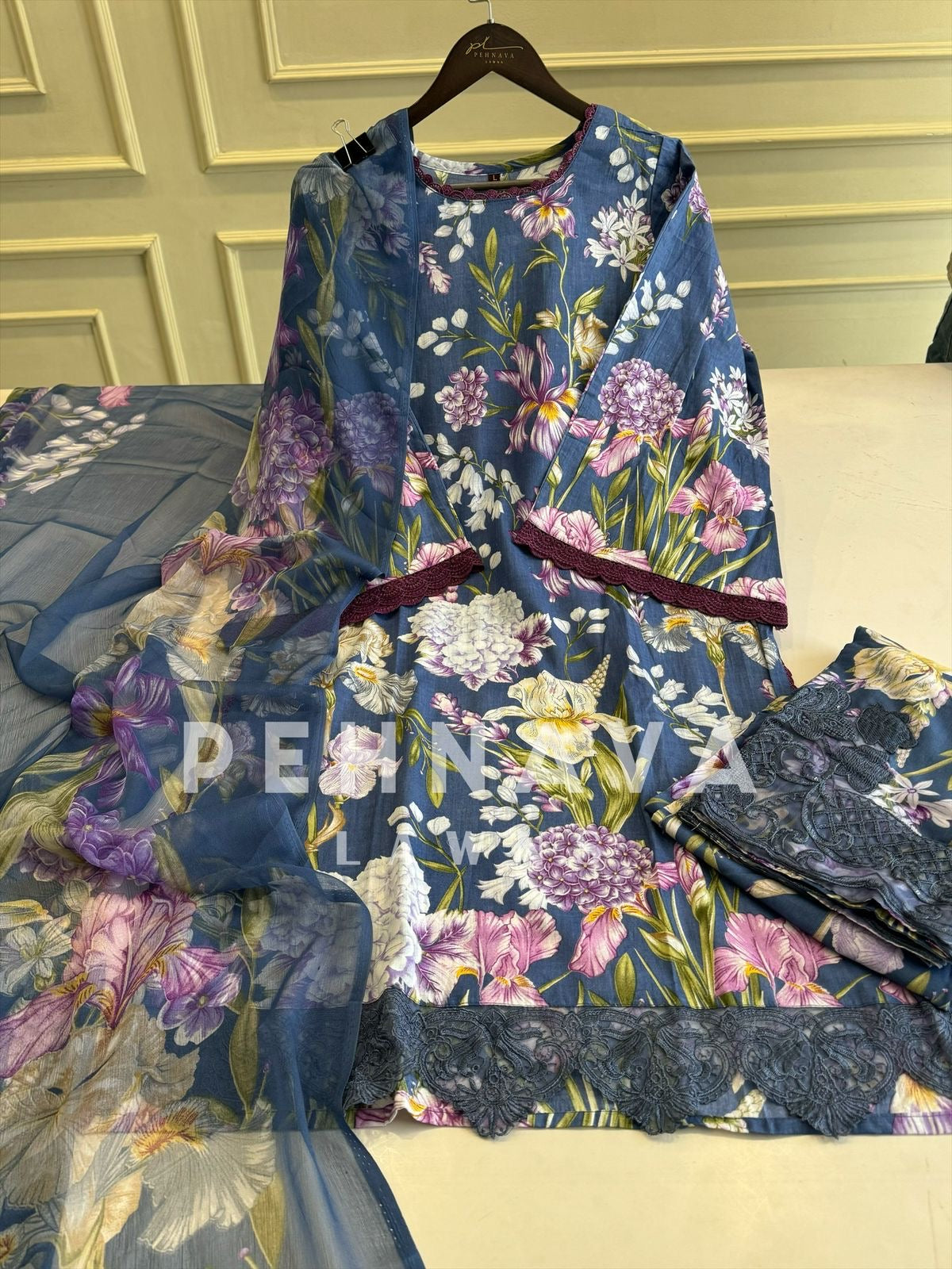 Embroidered Lawn Suit with Printed Dupatta-Chiffon/Cotton-8