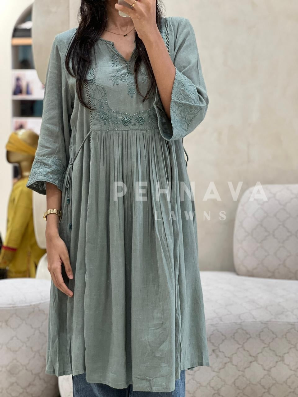 Embroidered Cotton Linen Dress - Pehnava Lawns
