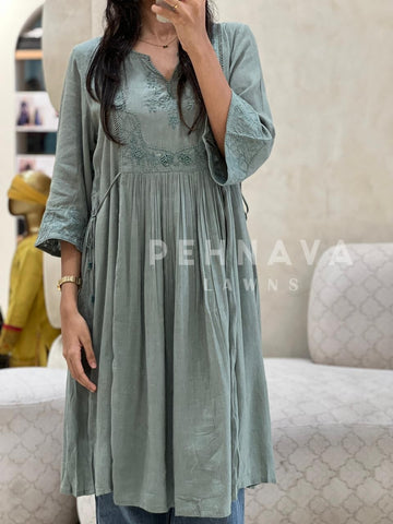Embroidered Cotton Linen Dress - Pehnava Lawns