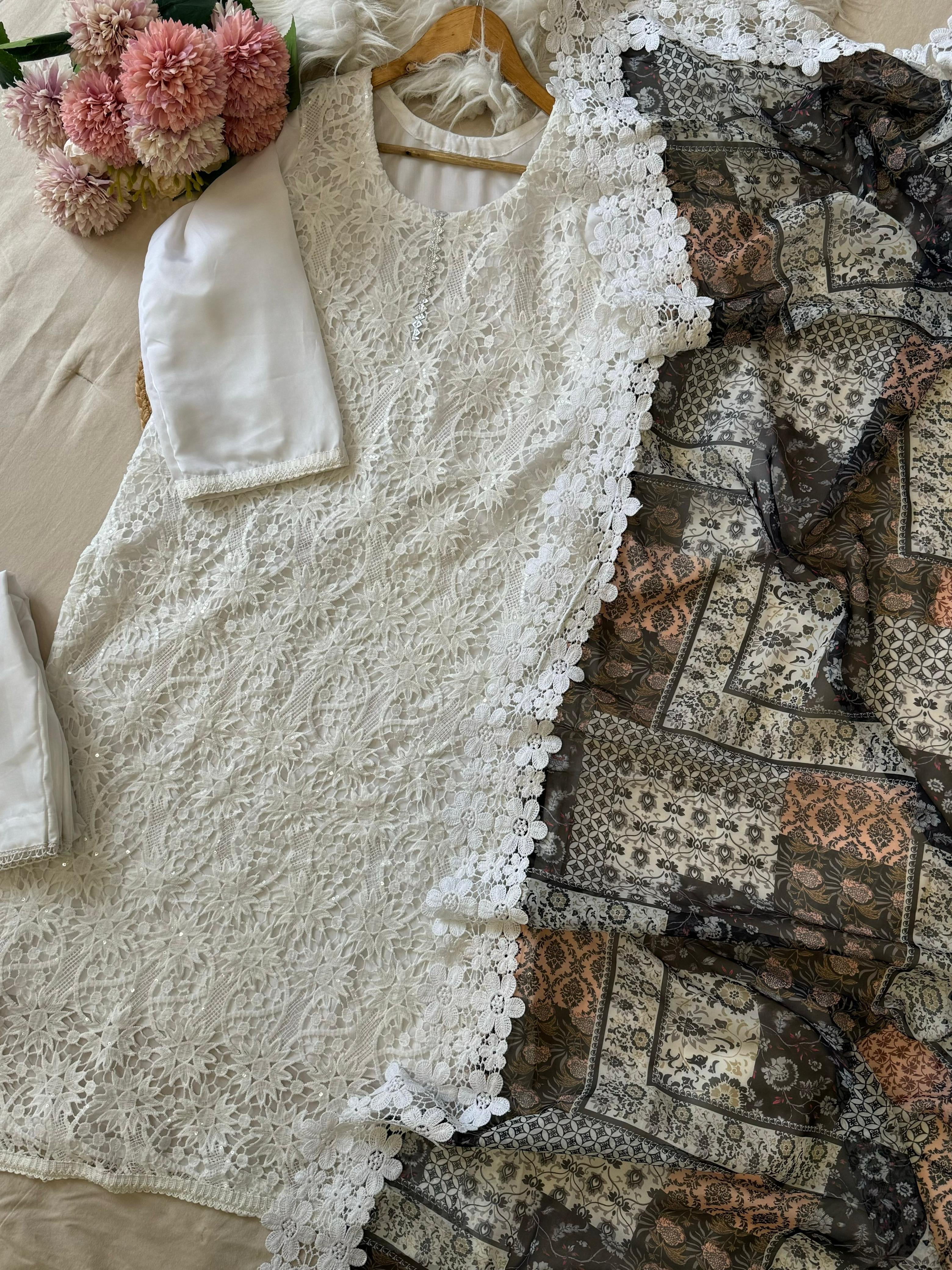 White Lace Salwar With Patchwork Dupatta