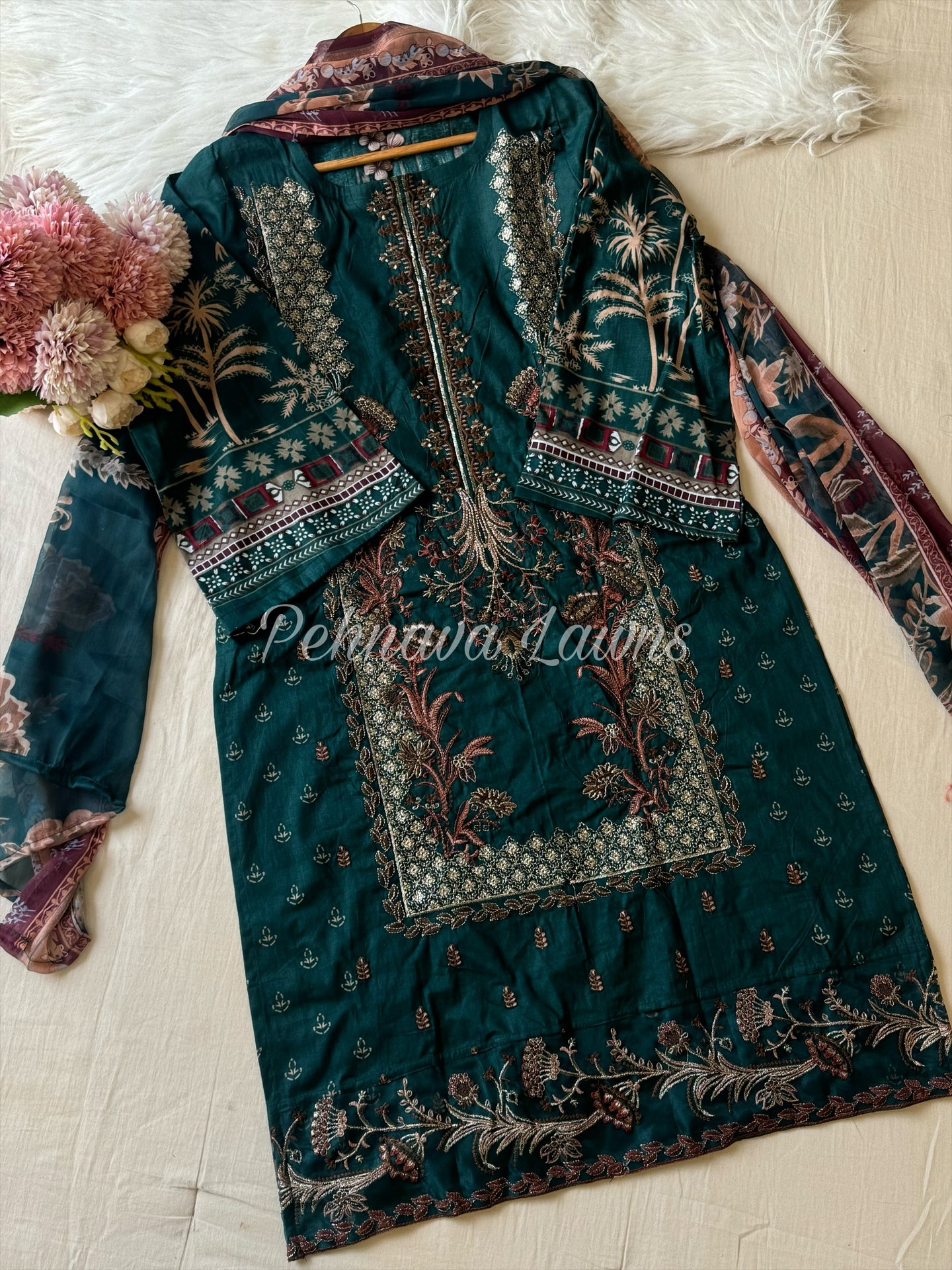Embroidered cotton suit with chiffon dupatta -gorgeous green