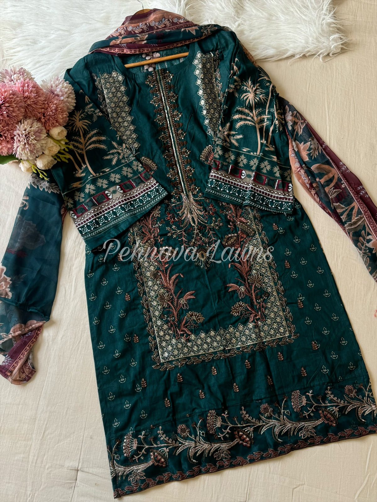 Embroidered cotton suit with chiffon dupatta -gorgeous green 3374(active akarudh) - Pehnava Lawns