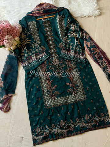 Embroidered cotton suit with chiffon dupatta -gorgeous green