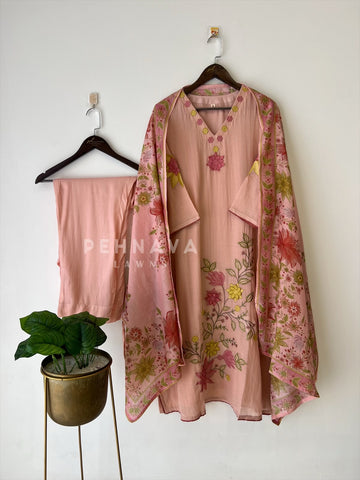 Floral Embroidered with Appliqué Chanderi Suit - Pehnava Lawns