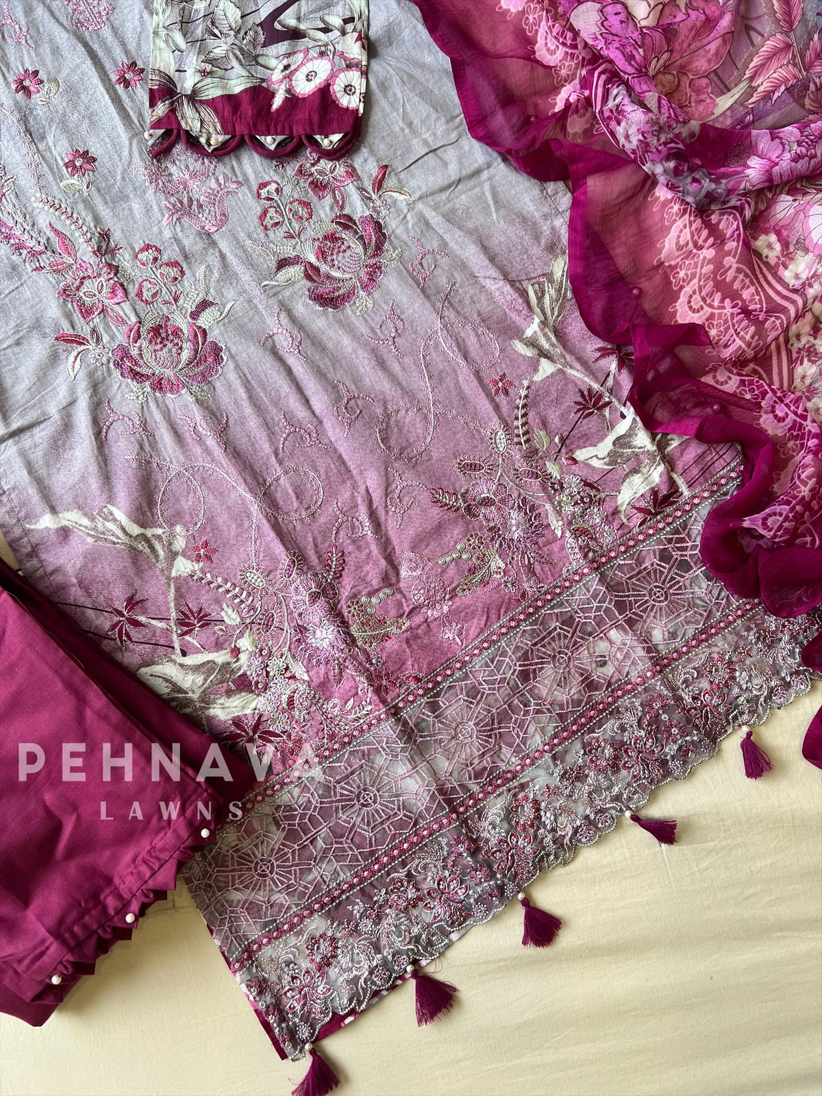 Floral Embroidered Cotton Suit Purple -4106
