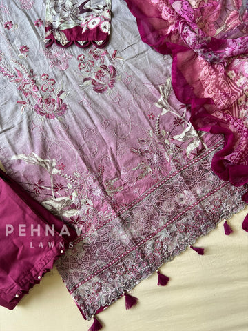 Floral Embroidered Cotton Suit Purple -4106