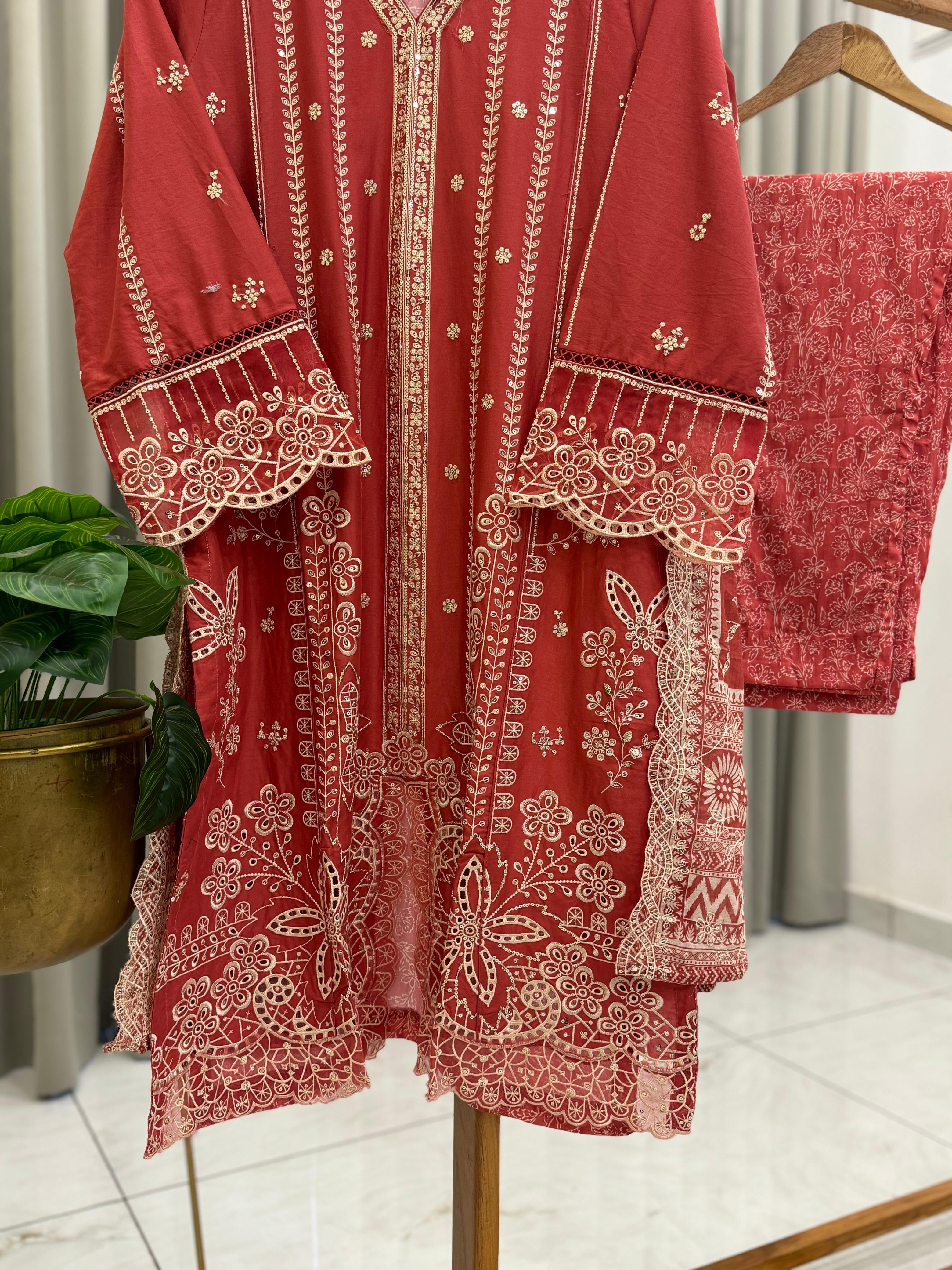 Premium Floral Embroidery Red Suit