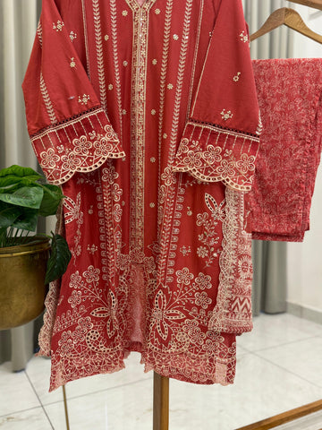 Premium Floral Embroidery Red Suit