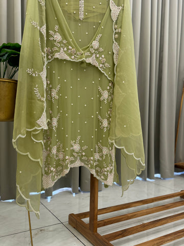 Premium Chiffon handwork suit with bottom and organza  hand  worked dupatta-1970